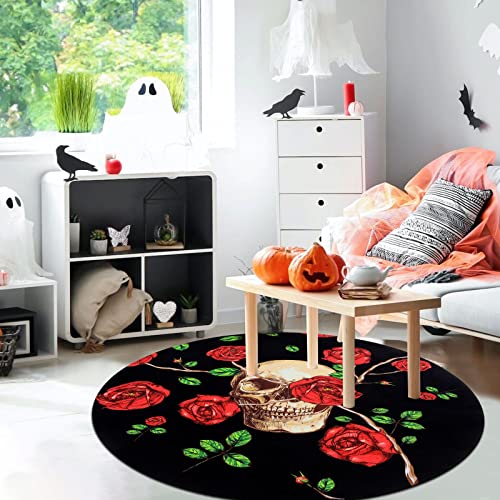 HiiARug Skull and Roses Area Rug 4Ft Round Rug Anti-Slip Floor Protector Round Gaming Computer Chair Mat for Home Decorations Office Gaming Room Mat