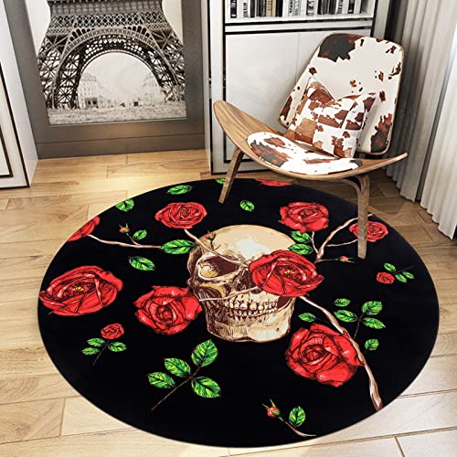 HiiARug Skull and Roses Area Rug 4Ft Round Rug Anti-Slip Floor Protector Round Gaming Computer Chair Mat for Home Decorations Office Gaming Room Mat