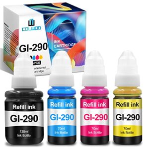 colwod compatible gi-290 gi290 refill ink bottle kit for pixma g3202 g4210 g3200 g4200 g1200 printers (1 black ink 135ml, c/m/y ink 70ml, 4-pack) gi290bk gi290c gi290m gi290y
