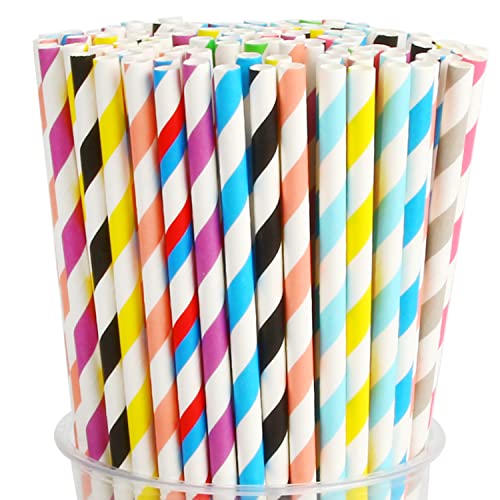 KIMOBER 200PCS Biodegradable Paper Straws,10 Color Stripes Rainbow Disposable Drinking Paper Straws for Wedding Hawaiian Birthday Party Supplies