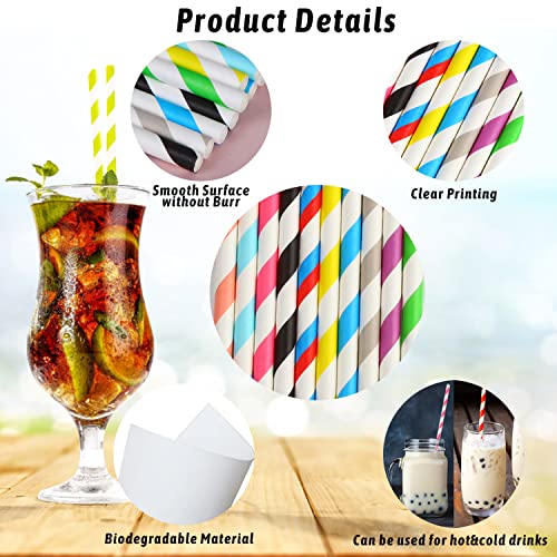 KIMOBER 200PCS Biodegradable Paper Straws,10 Color Stripes Rainbow Disposable Drinking Paper Straws for Wedding Hawaiian Birthday Party Supplies