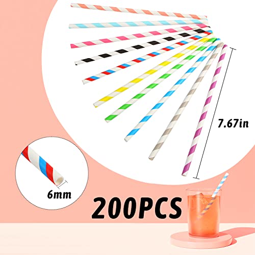 KIMOBER 200PCS Biodegradable Paper Straws,10 Color Stripes Rainbow Disposable Drinking Paper Straws for Wedding Hawaiian Birthday Party Supplies