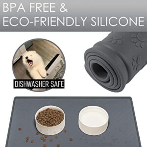 AVYDIIF Silicone Dog Cat Food Mat, Waterproof Slip Resistant Raised Edge Pet Feeding Mats, Pet Bowl Mat Anti-Messy and Prevent Spill on Floor, Dishwasher Safe(L: 24" X 16", Grey)