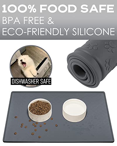 AVYDIIF Silicone Dog Cat Food Mat, Waterproof Slip Resistant Raised Edge Pet Feeding Mats, Pet Bowl Mat Anti-Messy and Prevent Spill on Floor, Dishwasher Safe(L: 24" X 16", Grey)