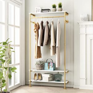 smlttel gold wall clothing racks with white shelves, wall mounted gold clothes rack for hanging rods，heavy duty pipe clothing racks with three shelves retail display garment rack for home