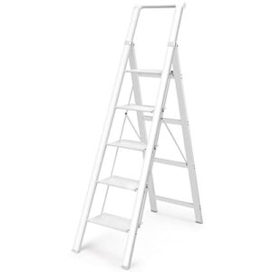 hbtower 5 step ladder, aluminum ladder with handrails, folding step stool for adults, 330lbs capacity sturdy& portable ladder for home kitchen library office, white