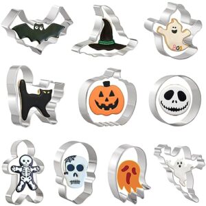 crethinkaty 10 pieces halloween cookie cutters set for baking - ghost,bat,cat,gingerbread man,pumpkin,skull,round and witch's hat shape stainless steel holiday biscuit/pastry cutter
