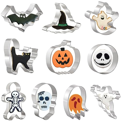 Crethinkaty 10 Pieces Halloween Cookie Cutters Set for Baking - Ghost,Bat,Cat,Gingerbread Man,Pumpkin,Skull,Round and Witch's Hat Shape Stainless Steel Holiday Biscuit/Pastry Cutter