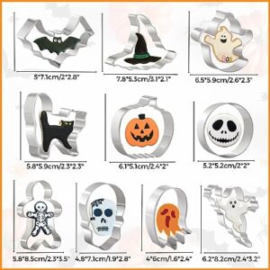 Crethinkaty 10 Pieces Halloween Cookie Cutters Set for Baking - Ghost,Bat,Cat,Gingerbread Man,Pumpkin,Skull,Round and Witch's Hat Shape Stainless Steel Holiday Biscuit/Pastry Cutter