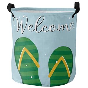 laundry basket hamper with handles, cartoon summer flip flop waterproof laundry bin foldable clothes basket for storage toys and clothing text welcome blue backdrop 16.5x17 inch