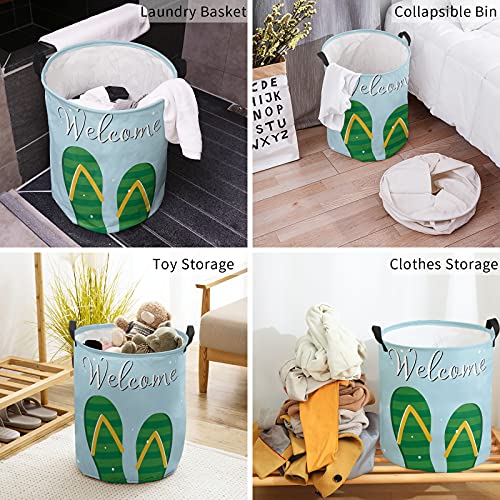 Laundry Basket Hamper with Handles, Cartoon Summer Flip Flop Waterproof Laundry Bin Foldable Clothes Basket for Storage Toys and Clothing Text Welcome Blue Backdrop 16.5x17 Inch