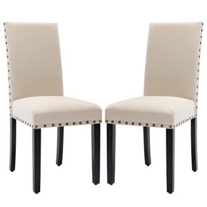 gotminsi upholstered dining chairs with nailhead trim,set of 2 fabric parsons dining chairs with solid wood legs, kitchen chairs for vintage style and modern decoration (beige)
