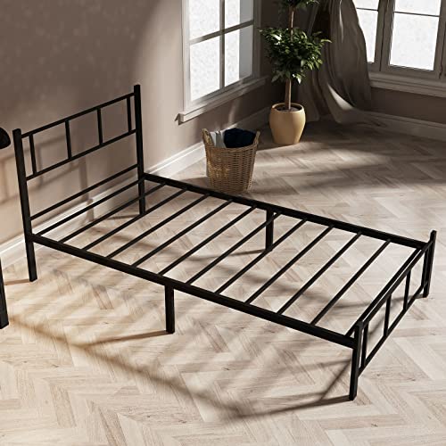 Twin Bed Frame with Headboard Metal Platform Bed 11inch Mattress Foundation with Storage No Box Spring Needed Easy Assembly,Black