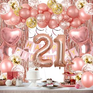 21st birthday decorations for her, happy birthday banner, rose gold fringe curtain, heart star foil confetti balloons, hanging swirls for women girls 21st rosegold birthday party supplies