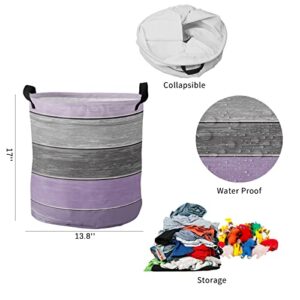 Laundry Basket Hamper with Handles, Vintage Farm Purple Gray Gradient Wooden Grain Waterproof Laundry Bin Foldable Clothes Basket for Storage Toys and Clothing 13.8x17 Inch