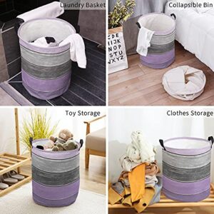Laundry Basket Hamper with Handles, Vintage Farm Purple Gray Gradient Wooden Grain Waterproof Laundry Bin Foldable Clothes Basket for Storage Toys and Clothing 13.8x17 Inch