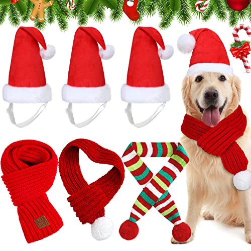 6 Pieces Christmas Dog Santa Hat and Scarf Include 3 Adjustable Christmas Cat Hat and 3 Pet Knit Red Scarf with White Pompom Ball Striped Scarf Winter Pet Accessory for Small Medium Large Dog