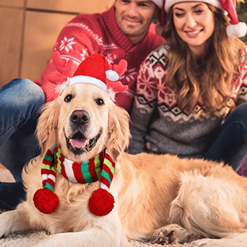 6 Pieces Christmas Dog Santa Hat and Scarf Include 3 Adjustable Christmas Cat Hat and 3 Pet Knit Red Scarf with White Pompom Ball Striped Scarf Winter Pet Accessory for Small Medium Large Dog