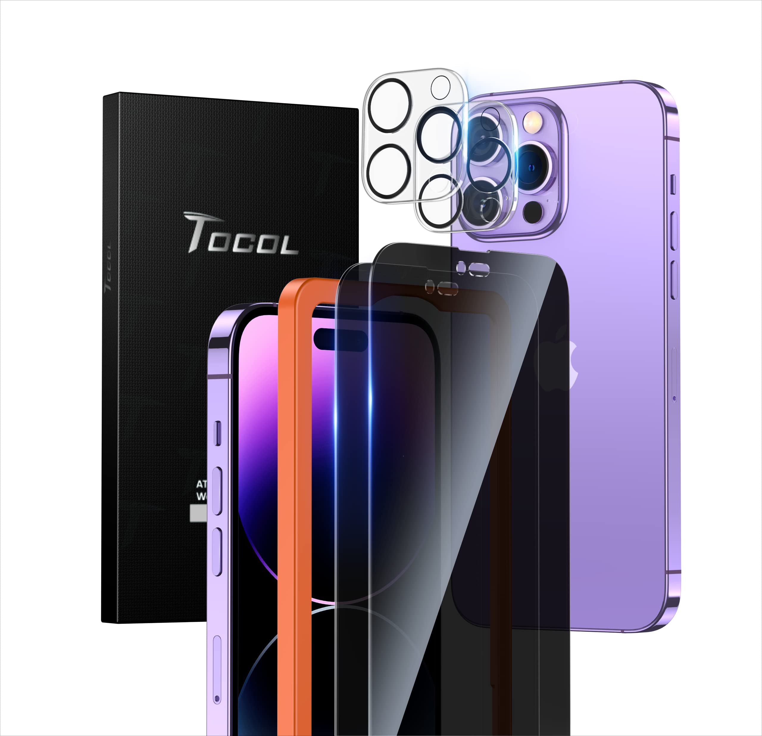 TOCOL [2+2 for iPhone 14 Pro Privacy Screen Protector 6.1''- 2 Pack Privacy Tempered Glass Screen Protector & 2 Pack Camera Lens Protector, Bubble Free, 10X Shockproof, Installation Frame, [Anti-Spy]