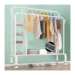 aggj coat rack wall mount with shelf double rod garment rack with heavy duty clothes rack on wheels and bottom shelves, for entrance, foyer, bedroom (color : white, size : 150 * 50 * 154)