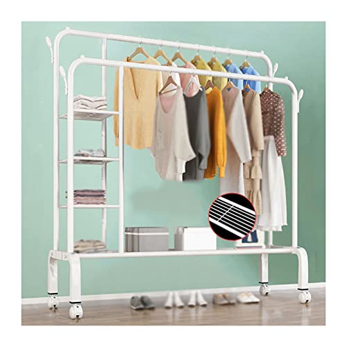 AGGJ Coat Rack Wall Mount with Shelf Double Rod Garment Rack with Heavy Duty Clothes Rack On Wheels and Bottom Shelves, for Entrance, Foyer, Bedroom (Color : White, Size : 150 * 50 * 154)