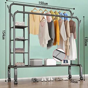 AGGJ Coat Rack Wall Mount with Shelf Double Rod Garment Rack with Heavy Duty Clothes Rack On Wheels and Bottom Shelves, for Entrance, Foyer, Bedroom (Color : White, Size : 150 * 50 * 154)