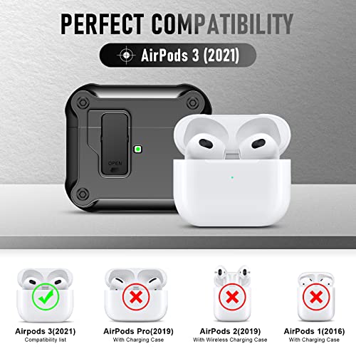 Valkit for Apple Airpods 3rd Generation Case Cover with Lock, Cool AirPods 3 Case with Keychain for Men Women Military Hard Shell Rugged Shockproof Air Pod 3 Case for AirPod 3rd Gen Case 2021, Black