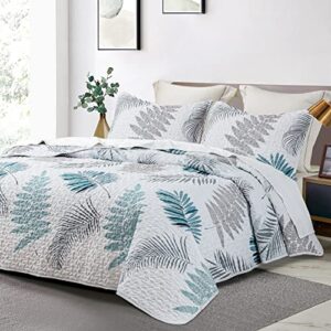 DURLENGEN Floral Quilt Set Queen Size 3Pcs, Teal & Khaki Leaves Printed on White, All Season Lightweight Coverlet Sets(Queen 90x96, Botanical Teal)