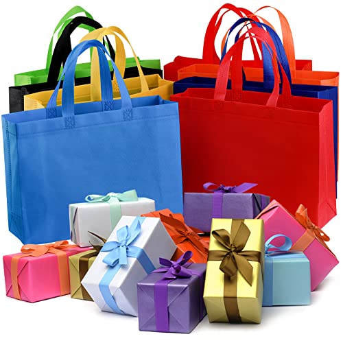 Tosnail 32 Pack 13.8" x 10" Reusable Gift Bags, Party Favor Bags, Fabric Tote Bags, Treat Bags, Small Shopping Bag - Assorted 8 Colors