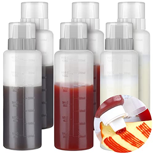 6 Pcs Porous Condiment Squeeze Bottle Refillable Condiment 5 Hole Container with Lid Syrup Squirt Bottle Sauce Dispenser Ketchup Bottle for BBQ Oil Hot Sauce Salad Cooking 12oz (Gray, White, Straight)