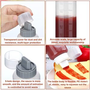 6 Pcs Porous Condiment Squeeze Bottle Refillable Condiment 5 Hole Container with Lid Syrup Squirt Bottle Sauce Dispenser Ketchup Bottle for BBQ Oil Hot Sauce Salad Cooking 12oz (Gray, White, Straight)