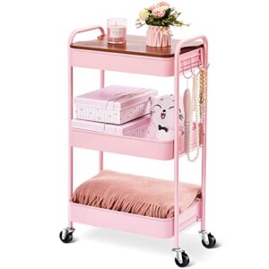 toolf 3-tier rolling cart, metal utility cart with detachable tray top, storage craft art cart trolley organizer serving cart easy assembly for office, bathroom, kitchen, kids' room, classroom