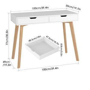 FOTOSOK White Computer Writing Desk with 2 Drawers, Modern Home Office Desk with 4 Oak Legs, Small Makeup Vanity Table Desk Console Study Table