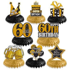60th birthday decoration honeycomb centerpieces for women men, 8 pcs black gold cheers to 60 years table centerpiece toppers, 60 birthday party creative table sign décor, easy set up, vicycaty