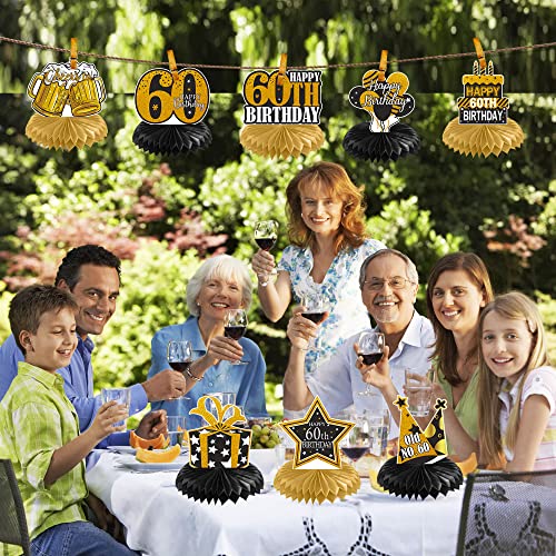 60th Birthday Decoration Honeycomb Centerpieces for Women Men, 8 Pcs Black Gold Cheers to 60 Years Table Centerpiece Toppers, 60 Birthday Party Creative Table Sign Décor, Easy Set Up, Vicycaty