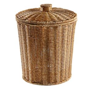 Hemoton Imitation Rattan Storage Basket- Wicker Waste Basket with Lid, Floor Baskets for Living Room, Bed Room& Laundry Room