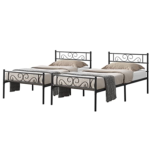 VECELO Metal Twin Size Bed Frame with Headboard and Footboard, Iron Mattress Foundation No Box Spring Needed, Heavy Duty/Easy Set Up, Black, 2 Pcs