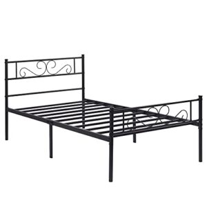 VECELO Metal Twin Size Bed Frame with Headboard and Footboard, Iron Mattress Foundation No Box Spring Needed, Heavy Duty/Easy Set Up, Black, 2 Pcs