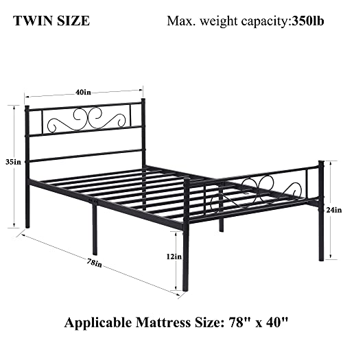 VECELO Metal Twin Size Bed Frame with Headboard and Footboard, Iron Mattress Foundation No Box Spring Needed, Heavy Duty/Easy Set Up, Black, 2 Pcs