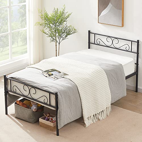 VECELO Metal Twin Size Bed Frame with Headboard and Footboard, Iron Mattress Foundation No Box Spring Needed, Heavy Duty/Easy Set Up, Black, 2 Pcs