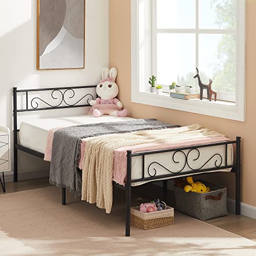 VECELO Metal Twin Size Bed Frame with Headboard and Footboard, Iron Mattress Foundation No Box Spring Needed, Heavy Duty/Easy Set Up, Black, 2 Pcs