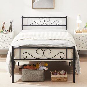 VECELO Metal Twin Size Bed Frame with Headboard and Footboard, Iron Mattress Foundation No Box Spring Needed, Heavy Duty/Easy Set Up, Black, 2 Pcs