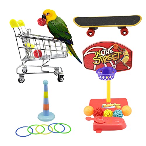 Toysructin Bird Training Toys, Bird Training Toy for Parrots Conures Parakeets, Parrot Intelligence Toy Mini Shopping Cart Basketball Stacking Rings Skateboard Stand Perch Bird Toy Set for Cockatiels