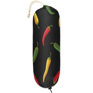 colorful chili pepper red yellow green plastic bag holder, wall mount grocery bag holder dispenser organizer, washable shopping bag storage home kitchen decor