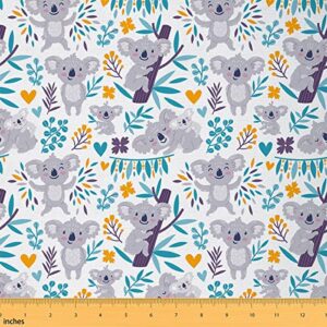 koala fabric by the yard, australia wild animal upholstery fabric, leaf floral branches botanical decorative fabric for quilting sewing cartoon bear child kawaii fabric gift, gray blue 1 yard