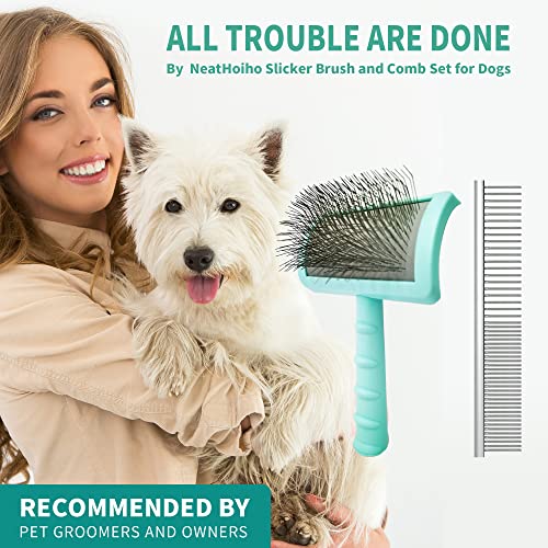 Large Firm Slicker Brush & Pet Comb Value Kit,Extra Long Pin Slicker Brush for Dogs Goldendoodles,Large Dog Pet Grooming Wire Brush and Deshedding,Removes Long and loose Hair & Undercoat ,25mm(1")(Green)