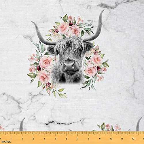 Highland Cow Flower Fabric by The Yard Bull Cattle Upholstery Fabric for Chairs Western Funny Animal Decorative Fabric Wildlife Farmhouse Cow Indoor Outdoor Fabric Rose Grey Marble Fabric 3 Yards