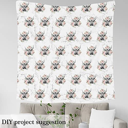 Highland Cow Flower Fabric by The Yard Bull Cattle Upholstery Fabric for Chairs Western Funny Animal Decorative Fabric Wildlife Farmhouse Cow Indoor Outdoor Fabric Rose Grey Marble Fabric 3 Yards