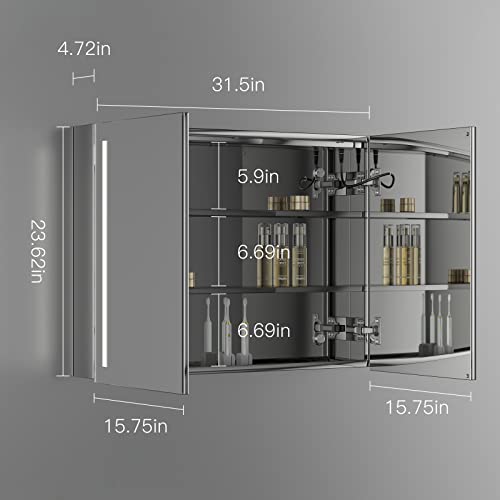 Seenvlog Medicine Cabinet with Lights,LED Medicine Cabinet for Bathroom with Defogger,Dimmer,Memory Function,2 Doors,23.62"* 31.5"Lighted Medicine Cabinet，Surface Mount, Stainless Steel