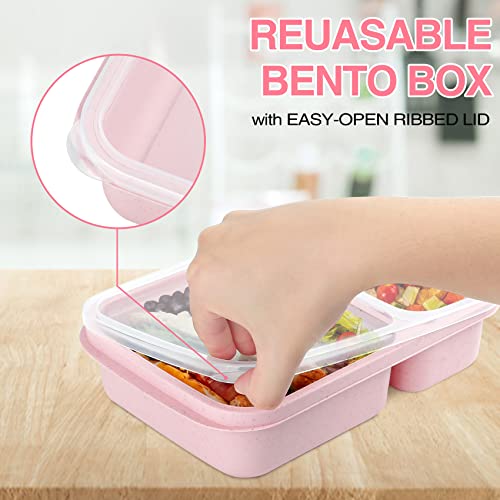 6 Pack Lunch Containers for Kids, 3 Compartment Bento Lunch Box, Reusable Food Storage Bento Box Meal Prep Containers for School, Work and Travel with Forks and Spoons